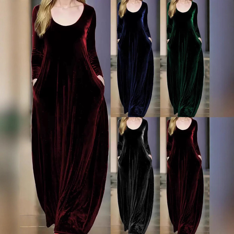 2026 Autumn and Winter New Cross-Border European and American Style Round-Neck Velvet Elegant Long-Sleeve Large Hem Solid Color Dress 2026 Autumn and Winter New Cross-Border European and American Style Round-Neck Velvet Elegant Long-Sleeve Large Hem Solid Color Dress