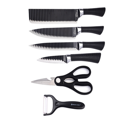 一件代发黑波浪刀六件套装家用不锈钢菜刀五件套组合切肉刀全套刀