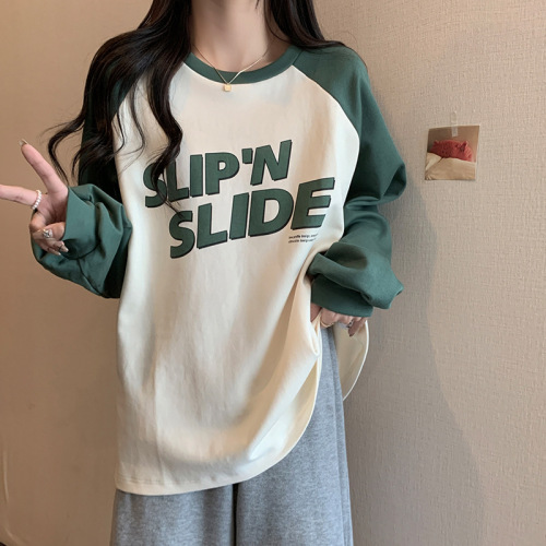 Women's Long Sleeve Oversized Collared Contrast Color T-Shirt with Lettering and Soft Texture, Trendy and Youthful Women's Top