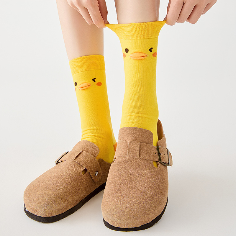 Women's Socks for Spring and Summer, Mid-Calf Length, Cartoon Cute Duck Design, Ins-Style Couple Slouch Socks, Original Cotton Socks, Breathable