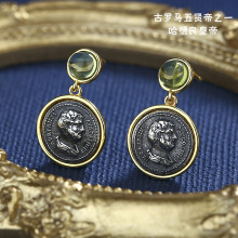 夏季新品罗马帝王古币纯银耳钉女复古小众浮雕人像钱币耳饰橄榄石