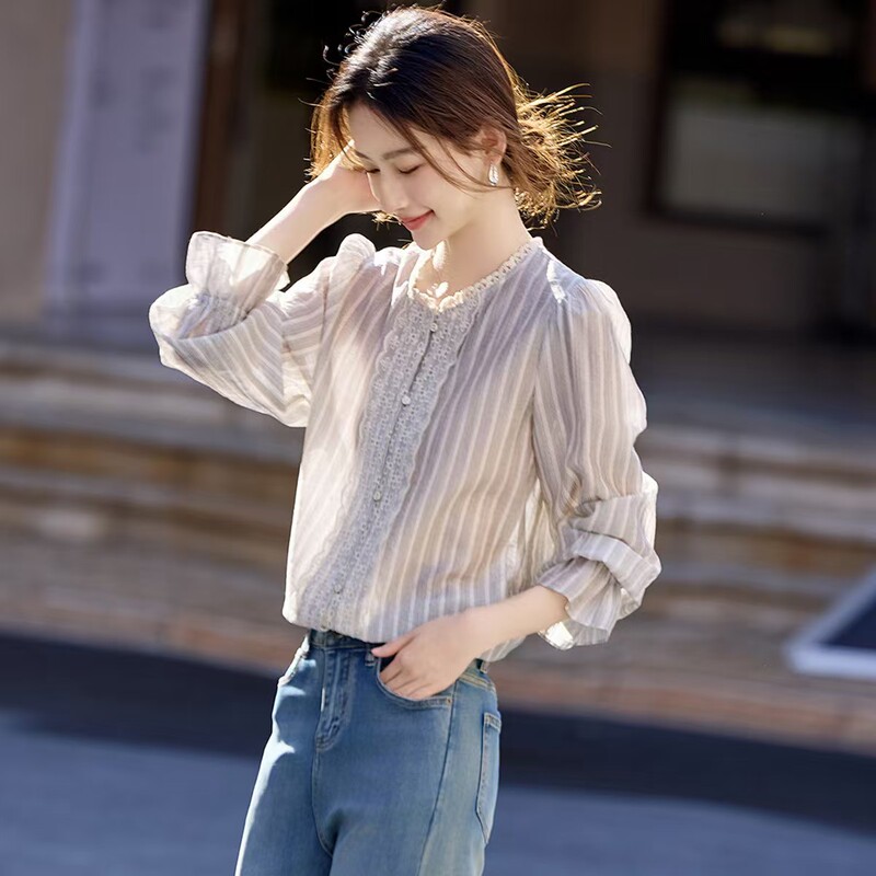 Hong Kong Style Vintage Striped Contrast Top 25 Years Spring New Elegant Lace Stitching Commuter Shirt for Women