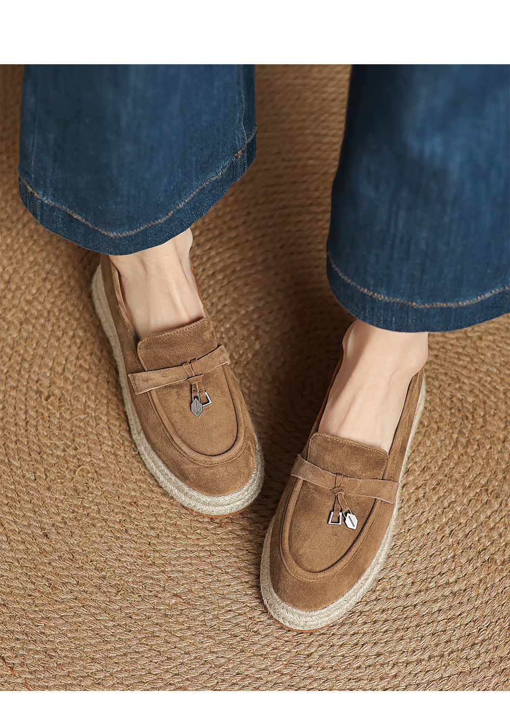 Giày lười nữ đế dệt cỏ mũi vuông phong cách vintage đế dày — màu nâu chi tiết 6