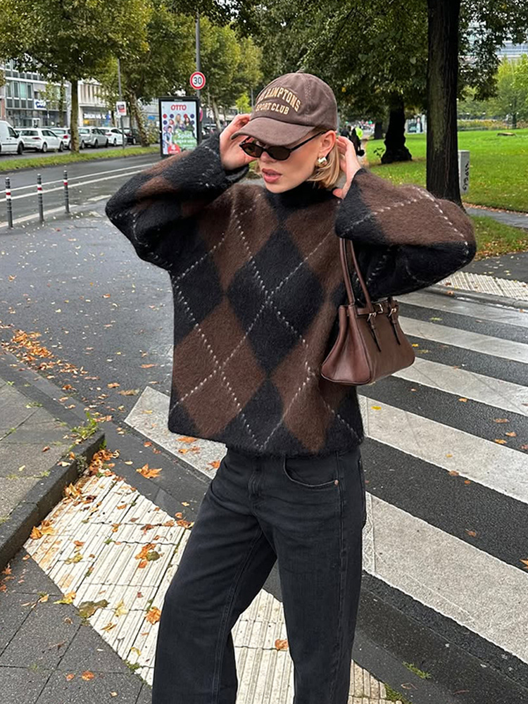 Suéter de manga larga a cuadrillas de diamante de moda retro 2025, otoño y invierno, nuevo estilo transfronterizo de Europa y Estados Unidos, venta rápida. image 1
