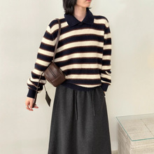 EMONI韩版绵羊毛条纹POLO领针织衫女2025冬季新款显瘦毛衣71301