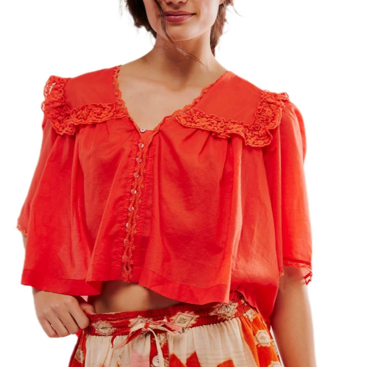 2024 новый Amazon Европа и США трансграничный кружевной воротник чистый хлопок сплошной цвет свободный модный кружевной складчатый топ женский