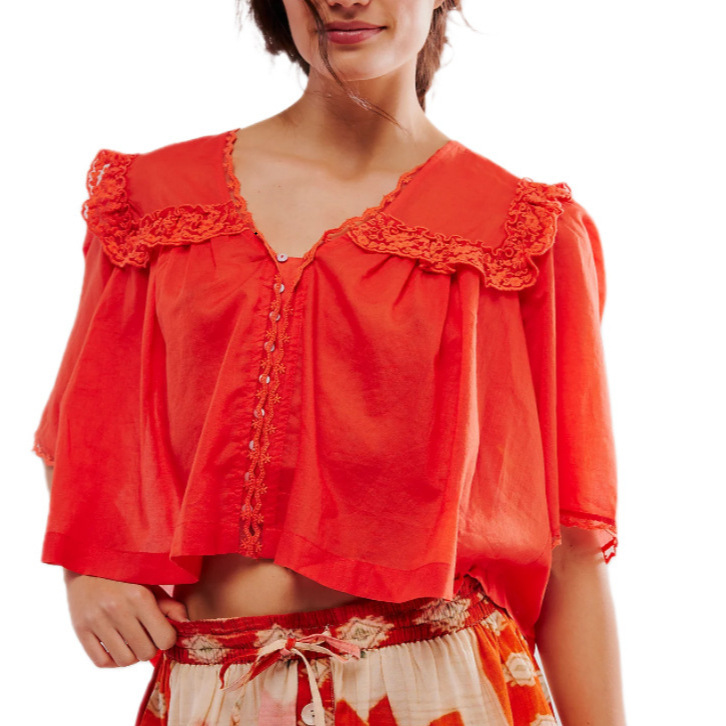 2024 New Amazon European and American Cross-border Lace Collar Pure Cotton Solid Color Loose Fashion Lace Pleated Top for Women