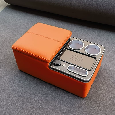 Car Rear Armrest Box, Armrest box - universal-type-hermes-orange-with-usb-charging-atmosphere-light-wireless-charging