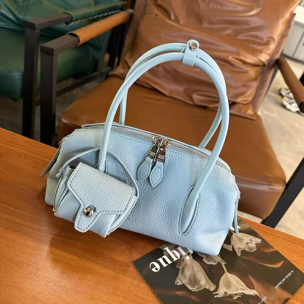 Genuine Leather Lychee Grain Boston Pillow Bag For Women New Trendy Shoulder Crossbody Bag Simple Handheld Bowling Bag - Thumbnail 7