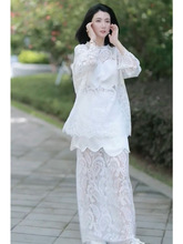 高级感早秋时尚盐系名媛气质别致重工白色蕾丝拼接裙子两件套装女
