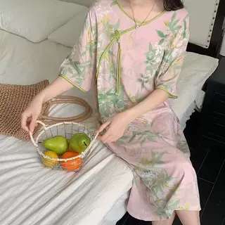 新中式盘扣旗袍领棉绸国风连衣裙大码宽松复古日常睡裙复古风