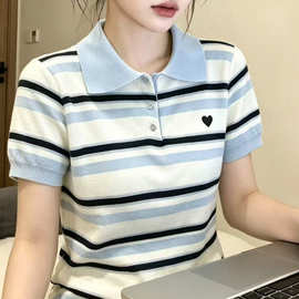 韩国东大门女装高货爱心刺绣polo领短袖针织衫夏韩系学院风宽松显