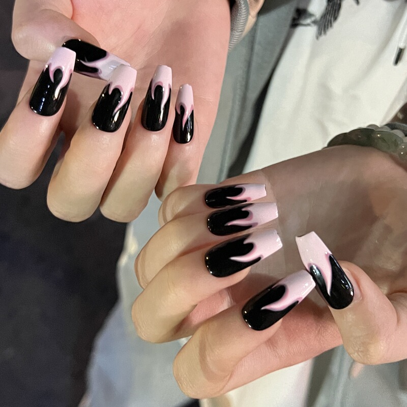 Black powder wearing nail pink flame French matching black nail patch wearable nail patch nail patch Black powder wearing nail pink flame French matching black nail patch wearable nail patch nail patch