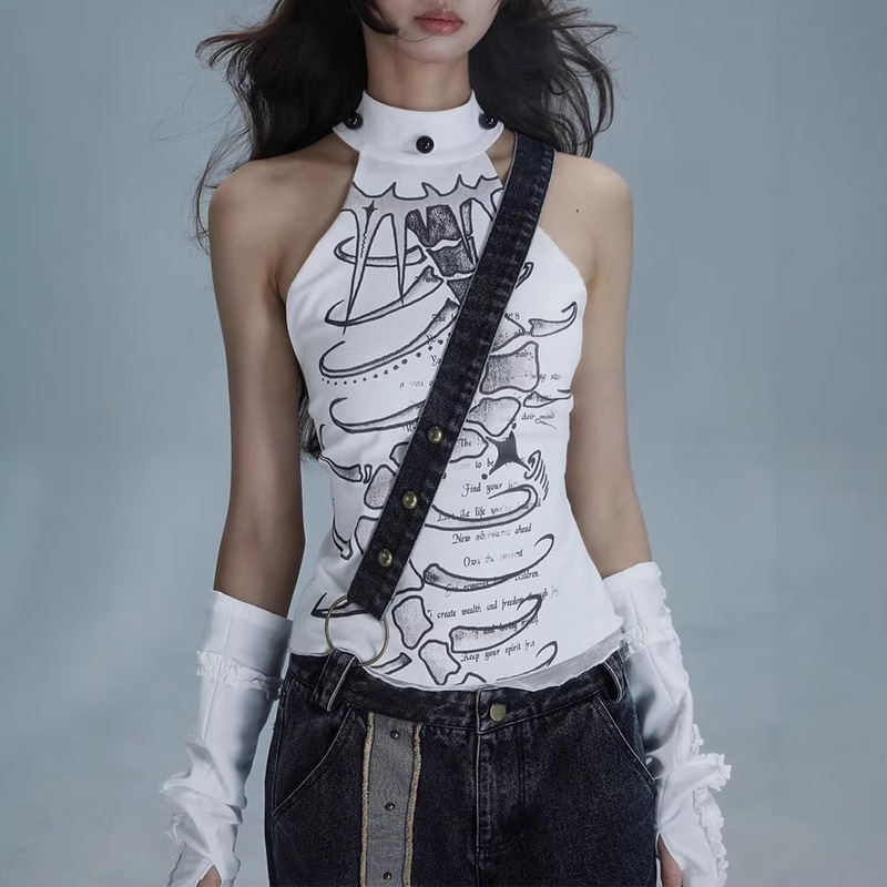 High-Neck Sexy Off-Shoulder Sleeveless Playful Hot Girl American Gothic Style Skull Print Slim-Fit Tank Top Women's Streetwear