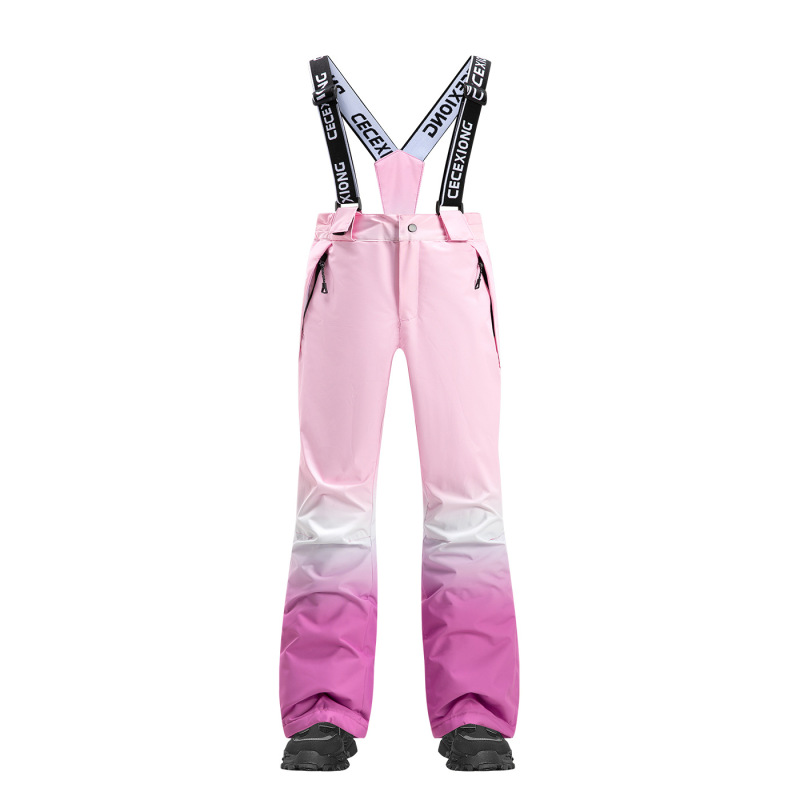 Children's ski pants, for boys and girls, designed for export, suitable for outdoor activities, thickened for warmth, waterproof, windproof, and with a padded lining; also includes a ski jacket with suspenders