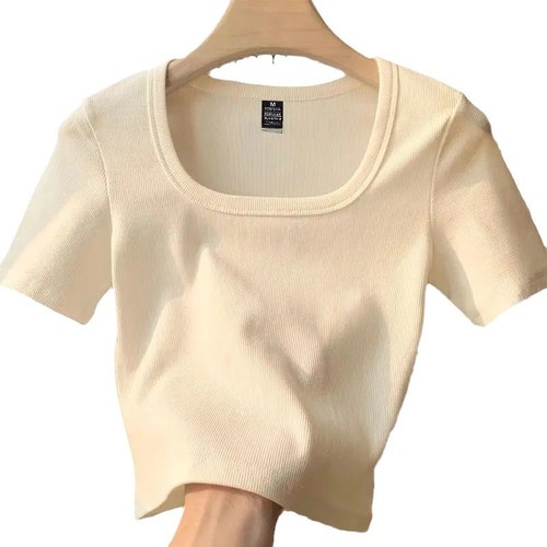 Pure cotton burgundy square collar right shoulder short-sleeved T-shirt for women summer slim fit inner layer short top