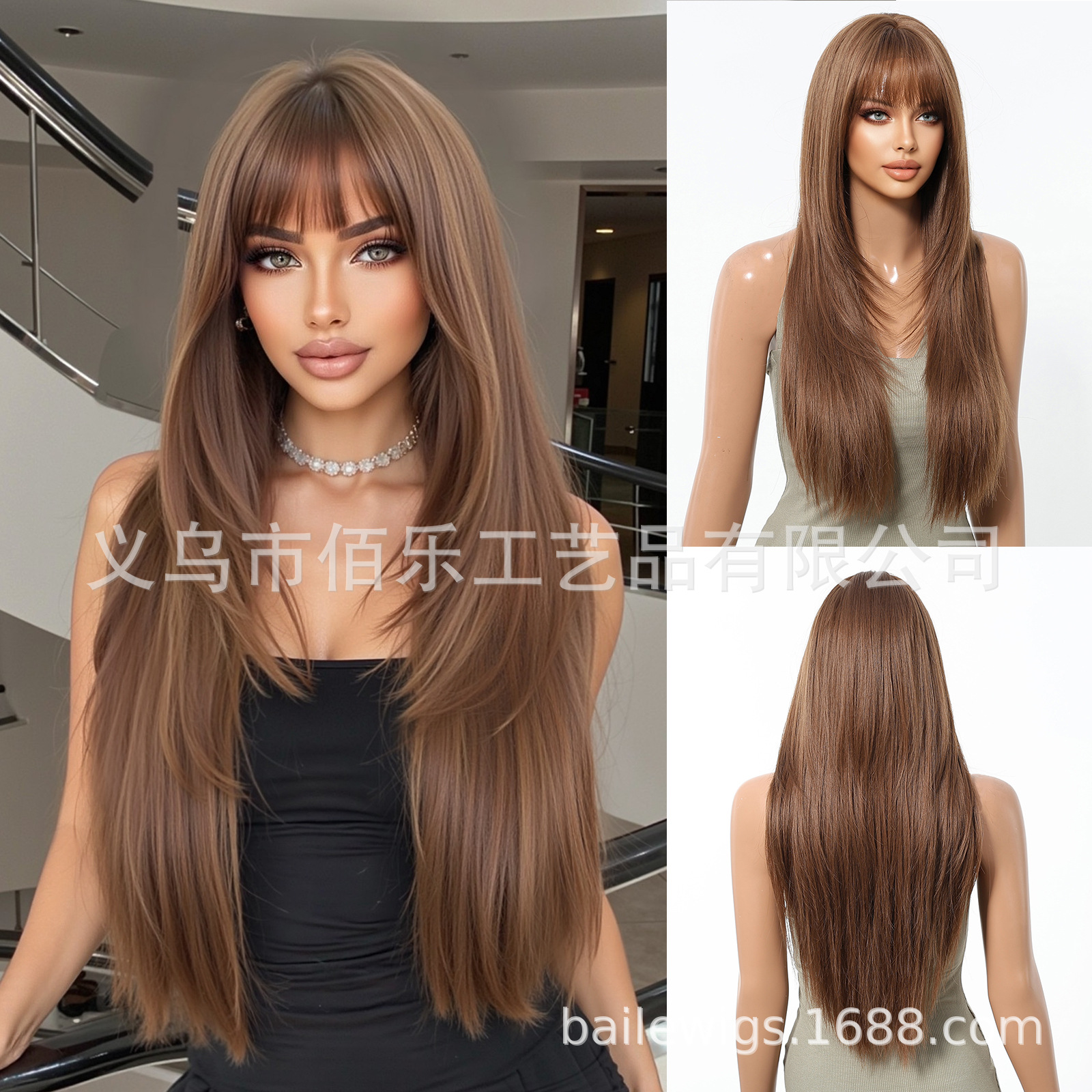 Perucas negras largas y rectas mujeres cubiertas de cabeza con franjas de capas de cabello largo y recto en Europa y América venta caliente de pelucas Xu Chang