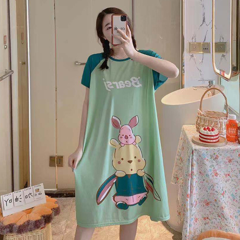 Pijamas de las mujeres de verano manga corta transpirable de dibujos animados delgada camisón suelto perezoso de las mujeres de longitud media de la fábrica al por mayor puede ser enviado en nombre