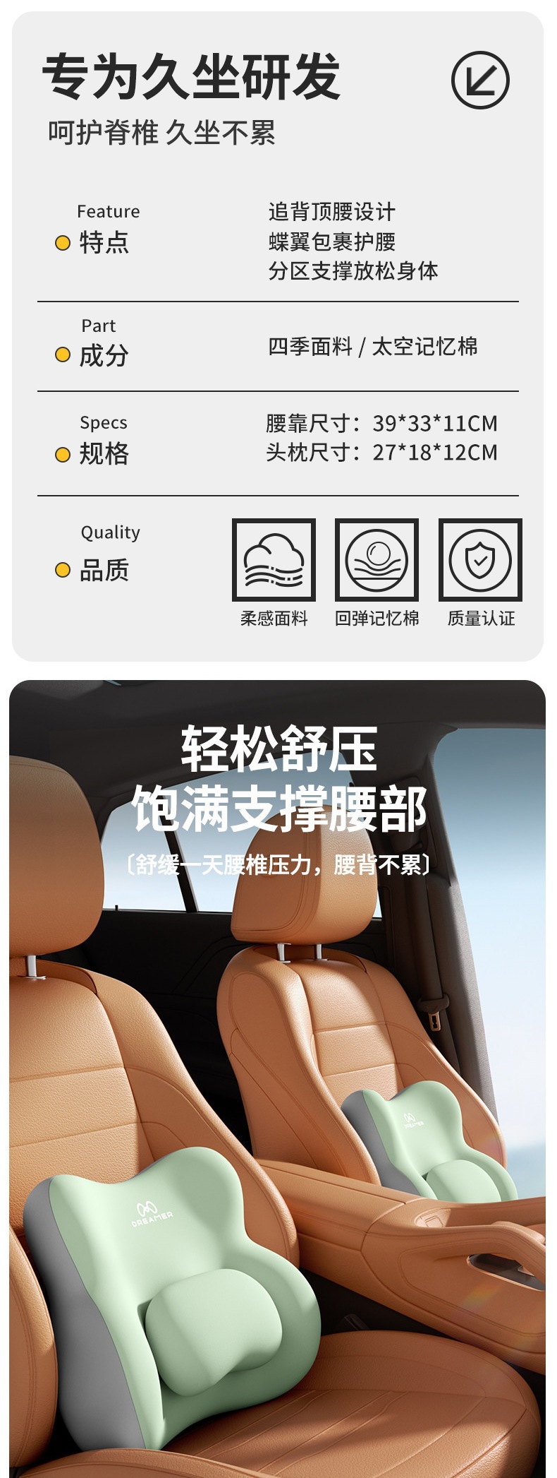 Zhimengren Car Headrest and Lumbar Support Set Car Seat Back Cushion In-Car Lumbar Pad Neck and Waist Support Set