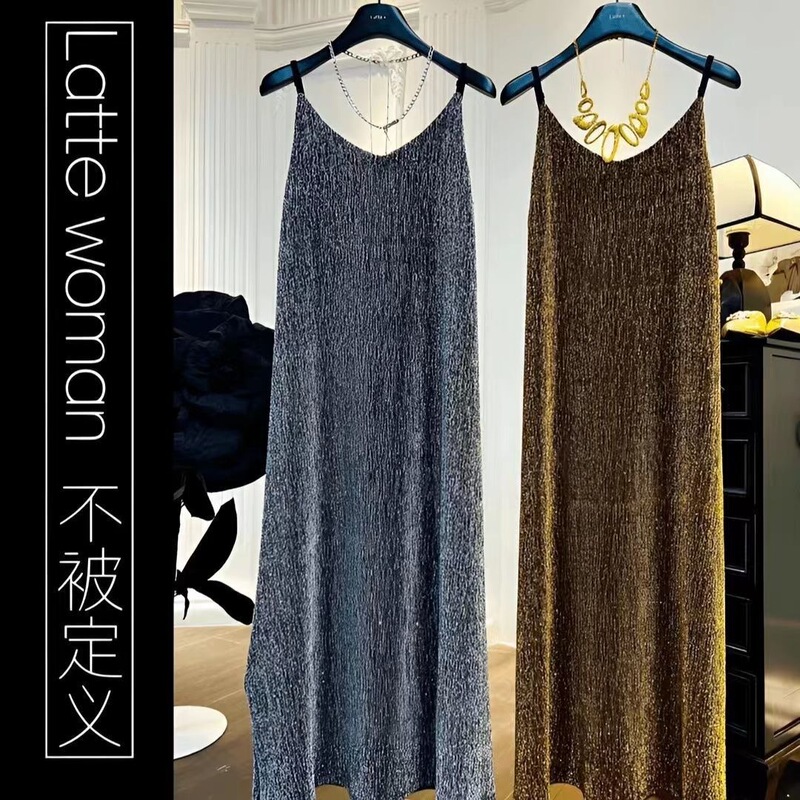 Loose-Fitting New Black Slimming Sequin Slip Dress Summer Over-The-Knee Dress Elegant Slip Long Dress That Covers the Body Loose-Fitting New Black Slimming Sequin Slip Dress Summer Over-The-Knee Dress Elegant Slip Long Dress That Covers the Body
