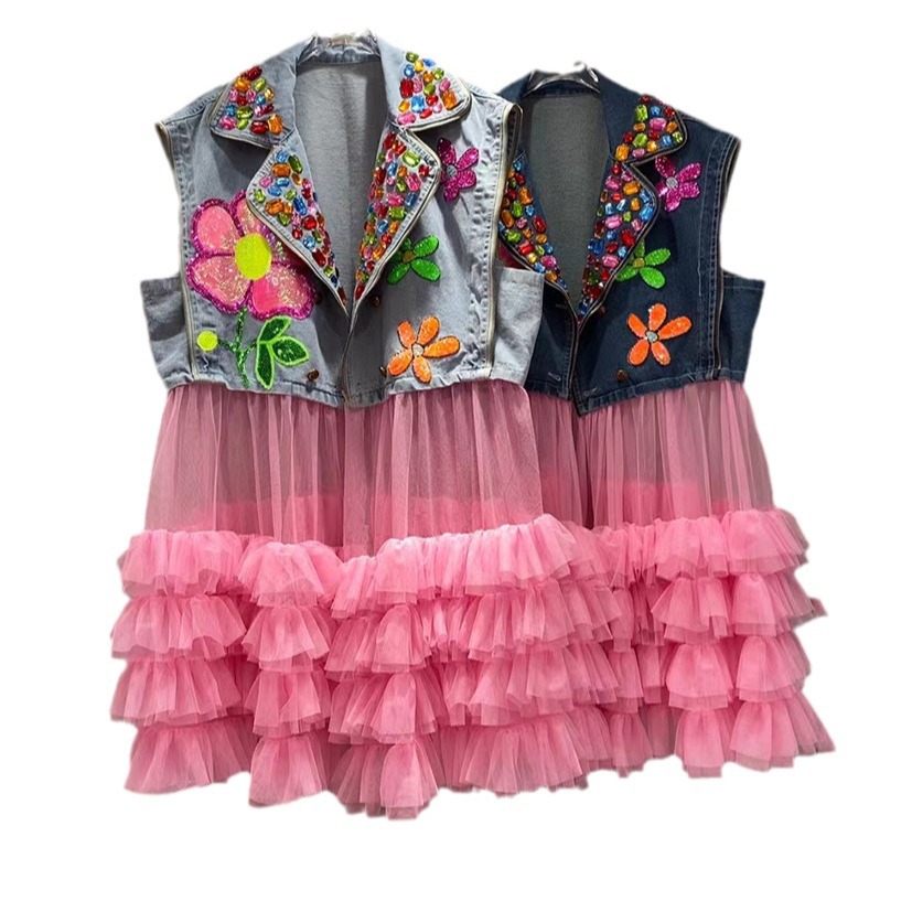 Marca de moda tailandesa 2024 primavera y verano nuevo hilo de malla de flores empalmado chaleco de vaquín de mujer chaqueta de cuentas personales image 5
