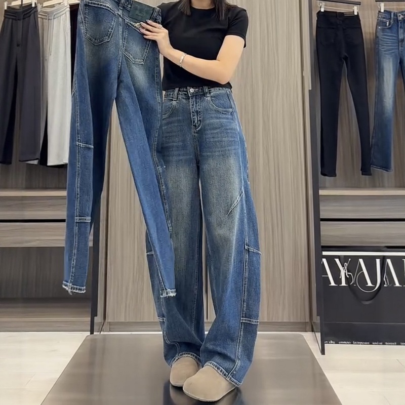 大码弯刀阔腿牛仔裤女秋冬2025新款胖mm显瘦宽松直筒梨型身材裤子|undefined