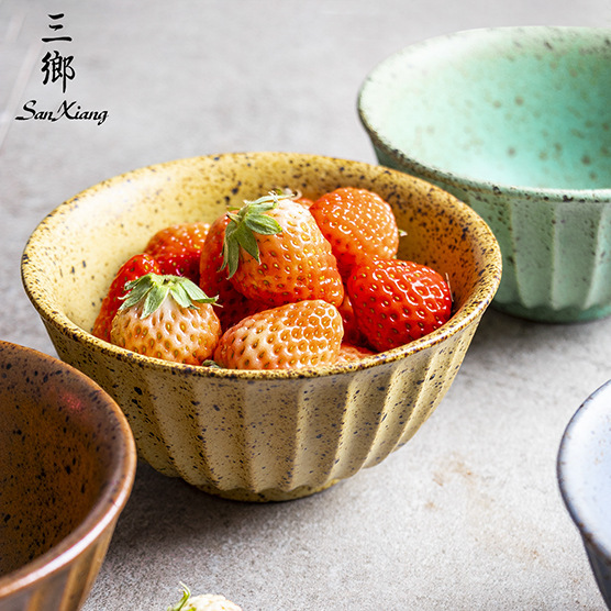 Japanese-style retro creative stoneware high-legged rice bowl striped soup bowl simple dessert bowl hotel restaurant Bowl