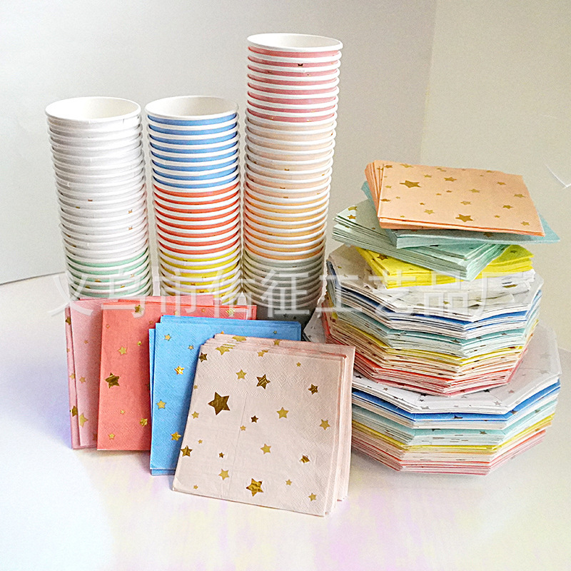 [Low Price Impulse] Hot Stamping Five-Pointed Star and Ten-Sided Party Paper Plate, Paper Cup and Tissue Set, Special Price Grab!
