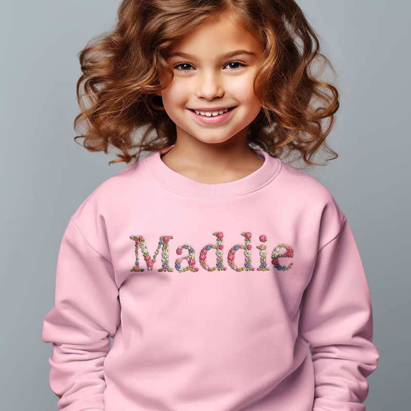 With embroidery flower name children round neck sweater hoodie sweatshirt embroidered 1 cross border etsy