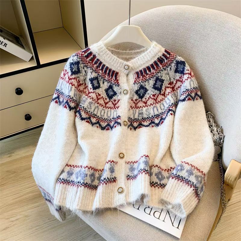 2025 otoño y invierno nuevo color retro Jacquard diseño sensación de jersey de punto suéter coreano chaqueta de aire extranjero de moda suelta
