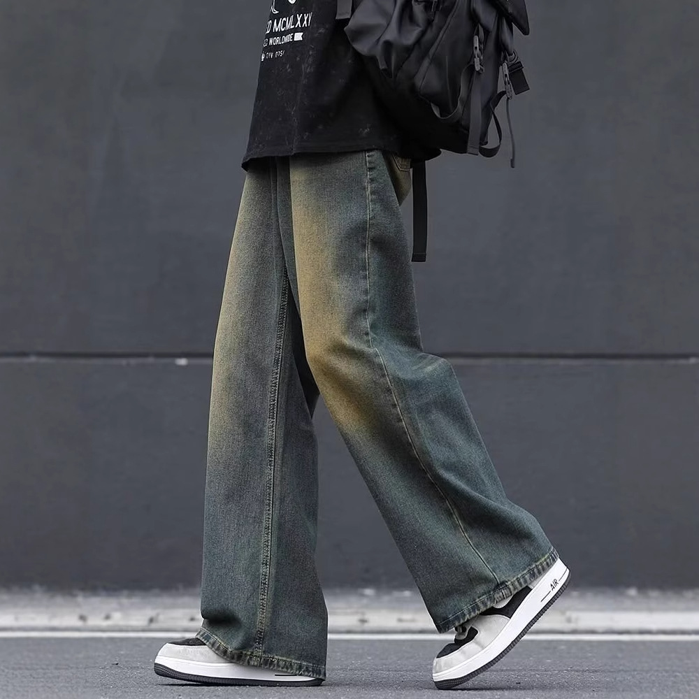 Spring and Autumn Men's Trendy Loose Straight Jeans Heavy Sand Wash Vintage Casual Denim Pants Men's Black Boot Pants