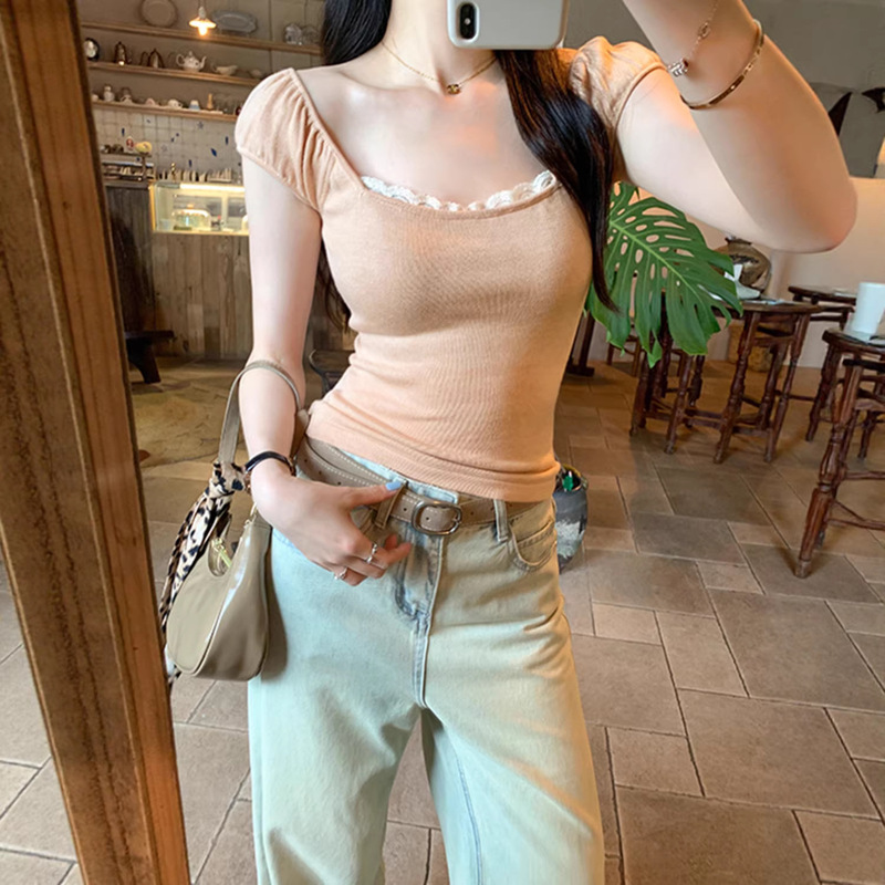 Lace-Trimmed Square-Neck Knitted Short-Sleeve T-Shirt for Women, Summer 2026 New Style, Pure Desire Style, Slim Fit, Short Top