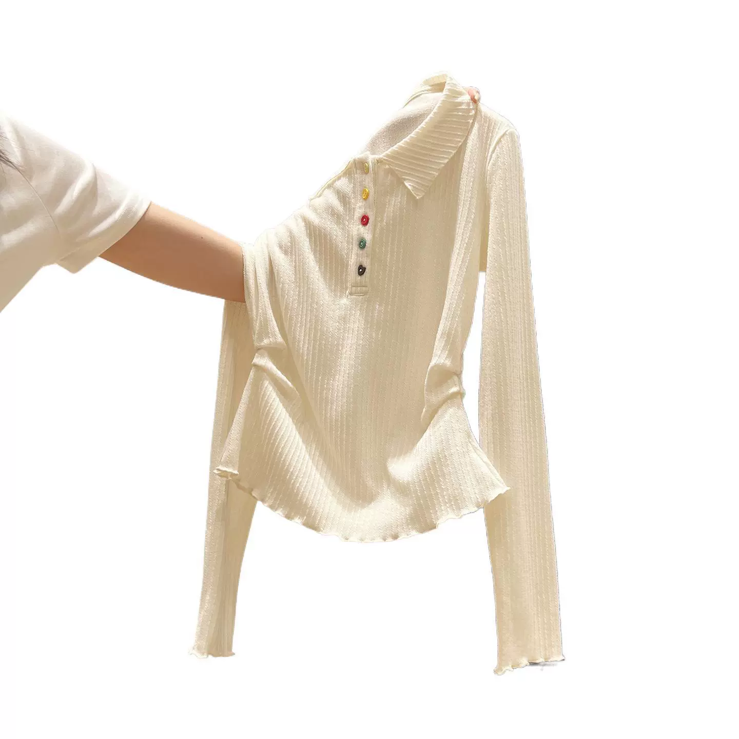 Lapel Long-Sleeve Pleated-Edge Plus-Size Shirt, Apricot, Pullover Top L–5XL