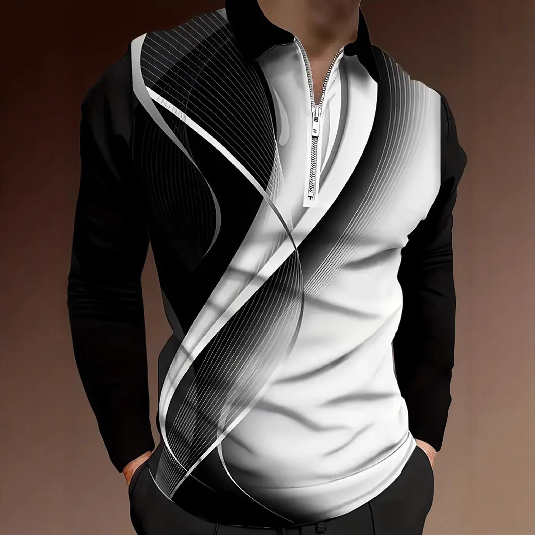 Amazon Independent Station Comercio exterior Nuevo casual Todo-fósforo geométrico solapa manga larga cremallera POLO camisa MB14