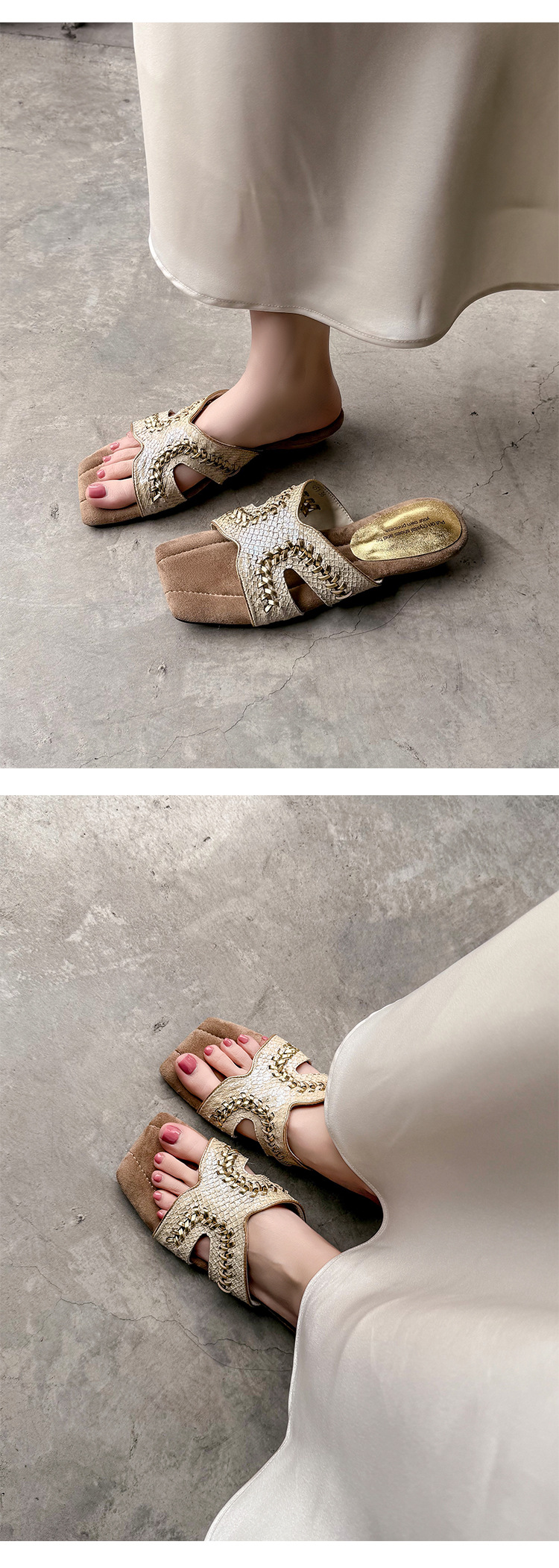 Sandal cao gót nữ mũi vuông kiểu Pháp, đế xuồng đan, quai ngang hở mũi, màu vàng champagne — 5451 Vàng Champagne chi tiết 7
