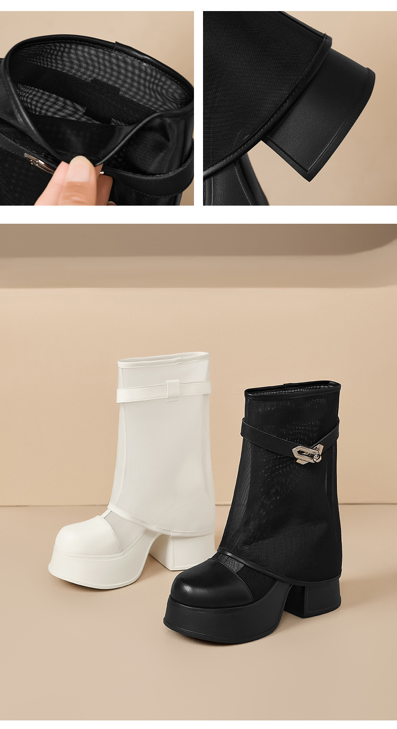 Boot nữ cổ cao ôm bắp chân đế dày 10 cm, lưới thoáng khí, khóa kim loại — màu đen, màu trắng chi tiết 13