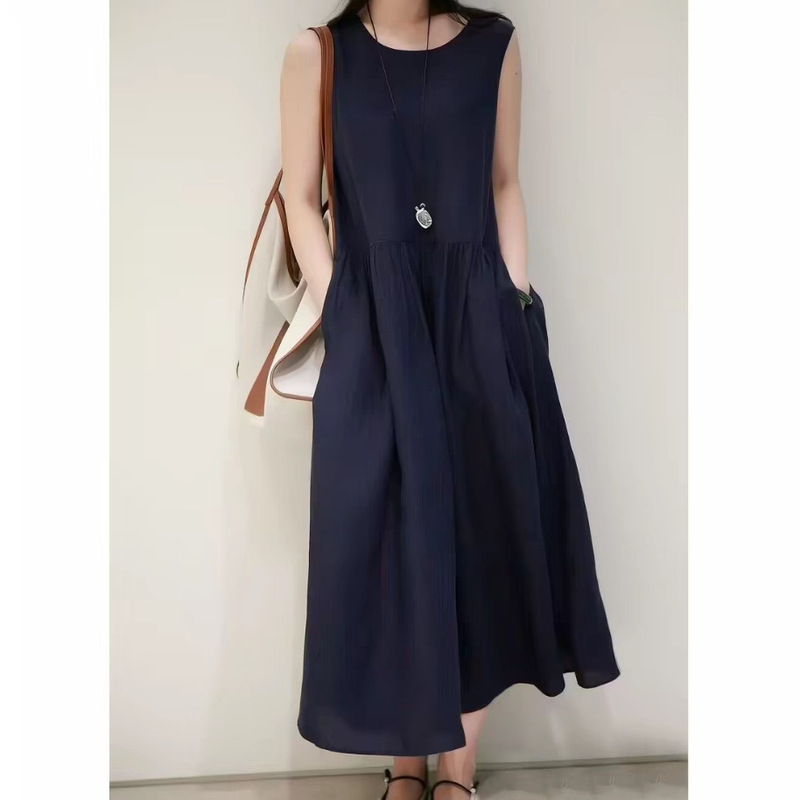 Ic26 New Summer Style Relaxed and Slimming Workwear Dress with a Round Neck, Loose Fit, Made of Linen Plain Fabric, Sleeveless Tank Dress