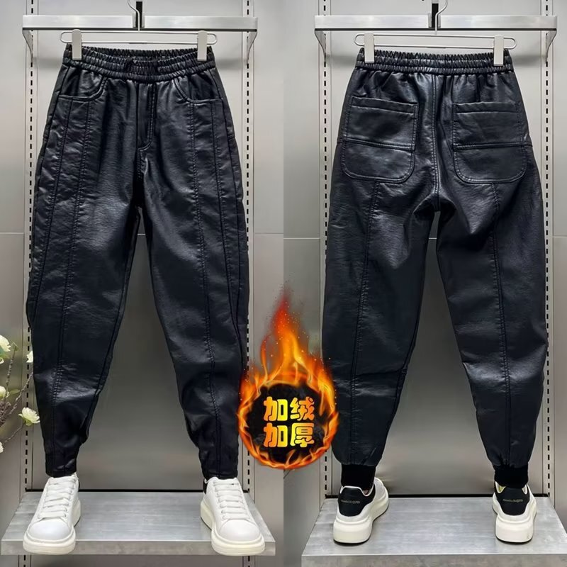 Winter Leather Pants fleece-lined Thickened Men's plus size Windproof Personalized Motorcycle Pants PU Leg Bundled Loose Trousers Harlan Pants Trendy Brand