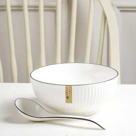 简约黑线碗碟盘套装山田碗餐具配套日式风格8英寸山田碗竖纹碗