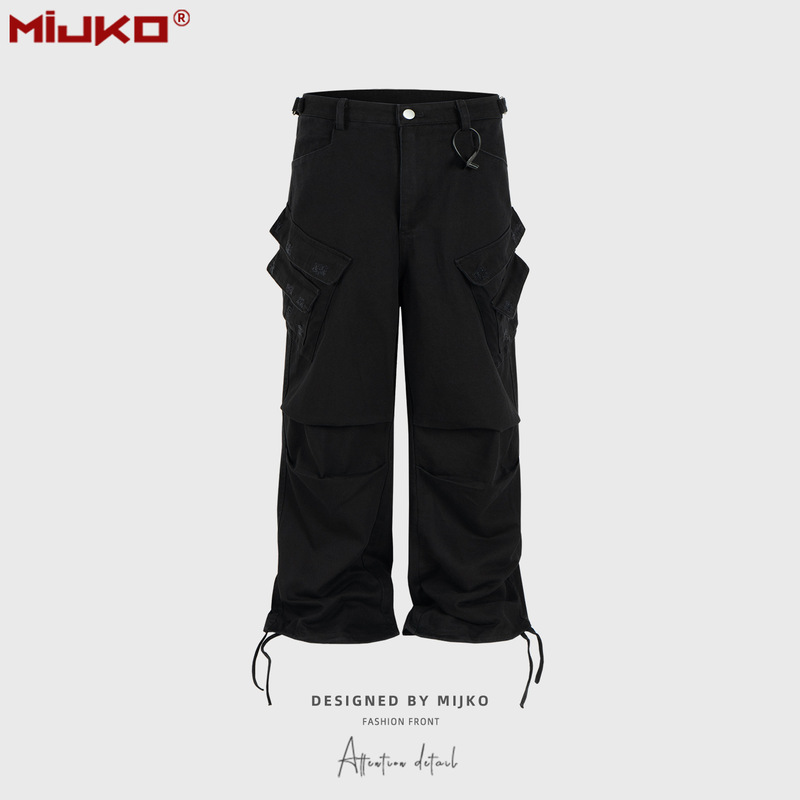 MIJKO男装女多口袋可抽绳束脚裤脚休闲裤 水洗做旧Vintage工装裤|undefined
