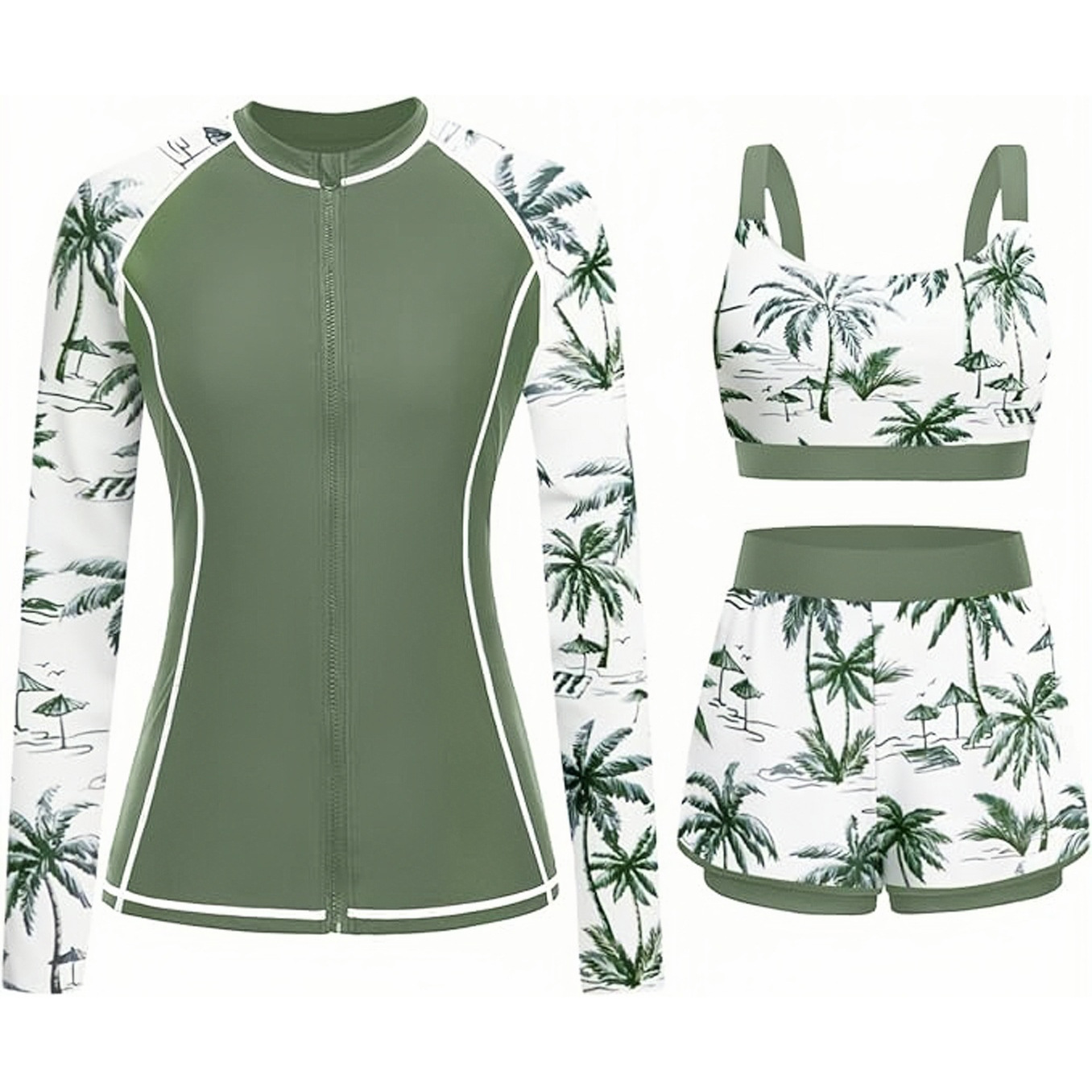 Cross-border export sports-style three-piece racing swimsuit for women, featuring a full-zip long-sleeved design, sun protection, and flat-front shorts, suitable for snorkeling