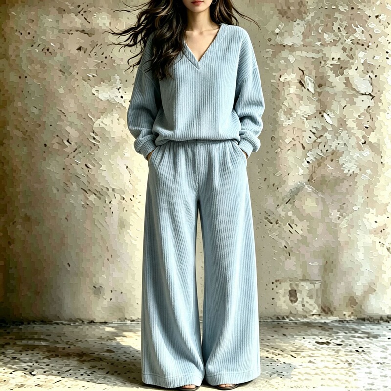2026 Autumn/Winter New Cross-Border European and American Women's Set Thick Corduroy Casual V-Neck Loose Wide-Leg Two-Piece Set