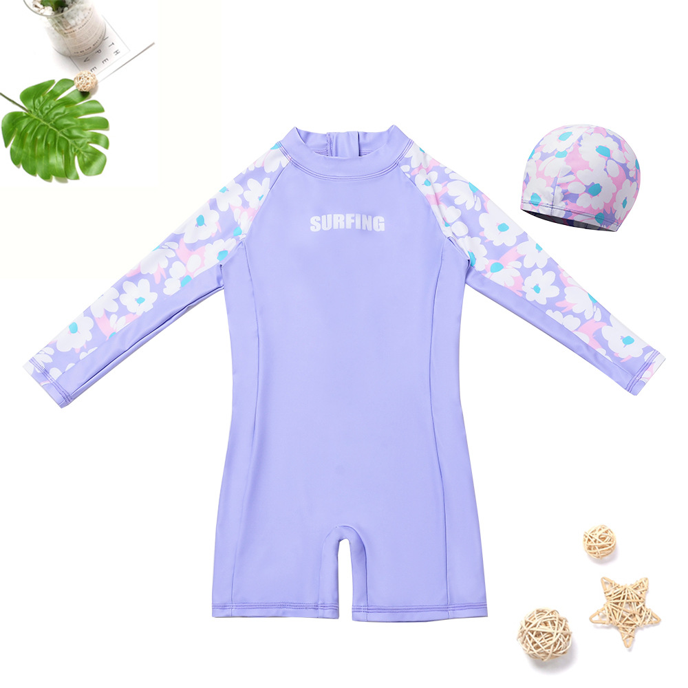Children's One-Piece Swimsuit Purple Long-Sleeved Cute Printed Patchwork Sleeves with Matching Swimming Cap Surfing and Swimming Equipment Wholesale