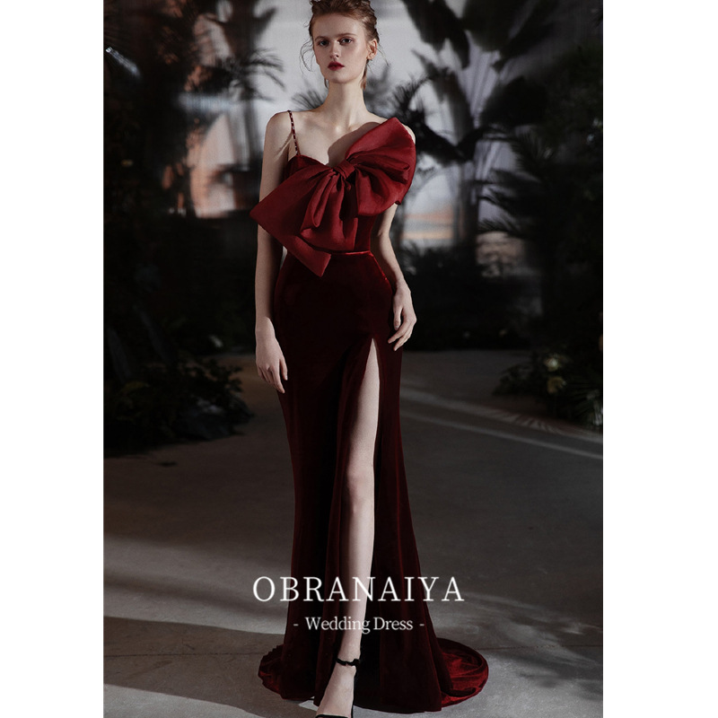Wine Red Evening Dress Skirt Split Fishtail Skirt Women's Banquet Elegant Bride Toast Dress Summer One Piece