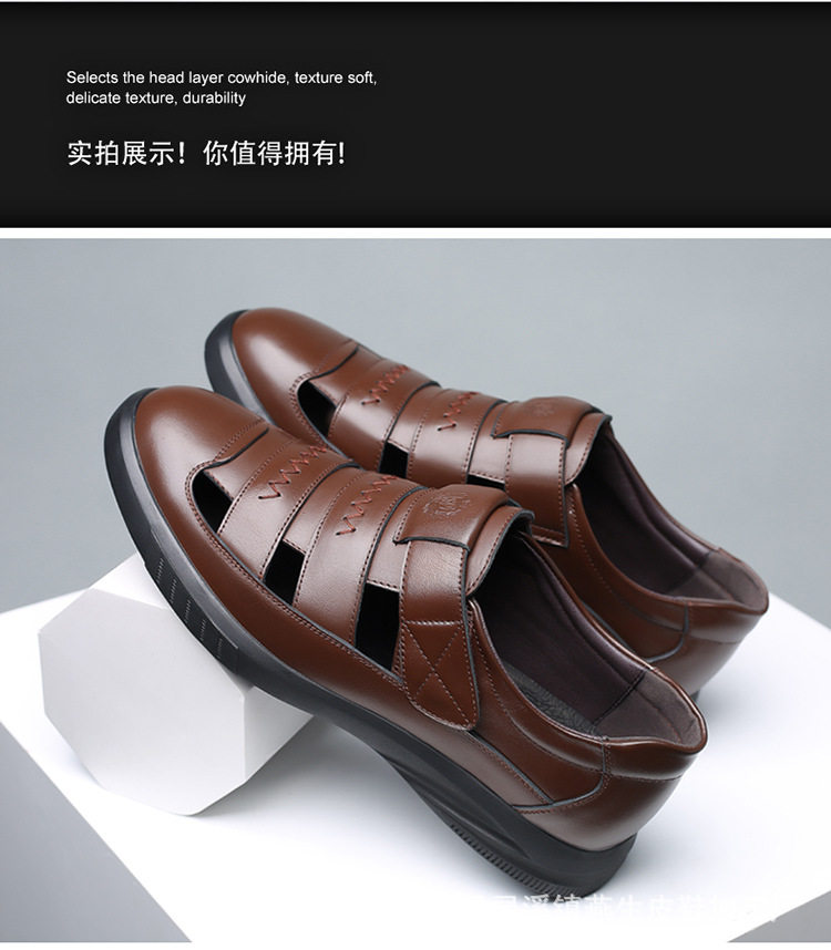 Dép sandal nam da bò thật đế cao su, kiểu lỗ thoáng khí mùa hè, quai ngang dây buộc — Màu nâu, Màu đen chi tiết 14