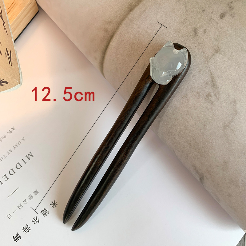 C68 흰색 옥 여우 U 자형 머리핀 [흑단]