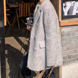 灰色毛呢西装外套女秋冬新款夹棉加厚新品感韩系呢子大衣图片色薄