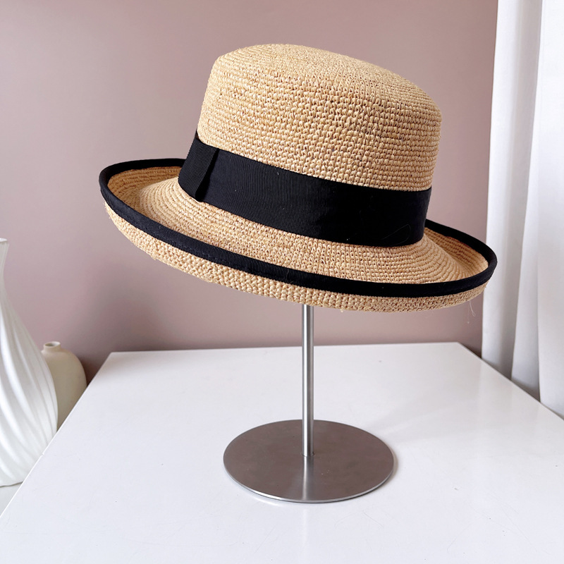 Hepburn Style Handmade Crochet Raffia Straw Bucket Hat For Summer_voghion.com