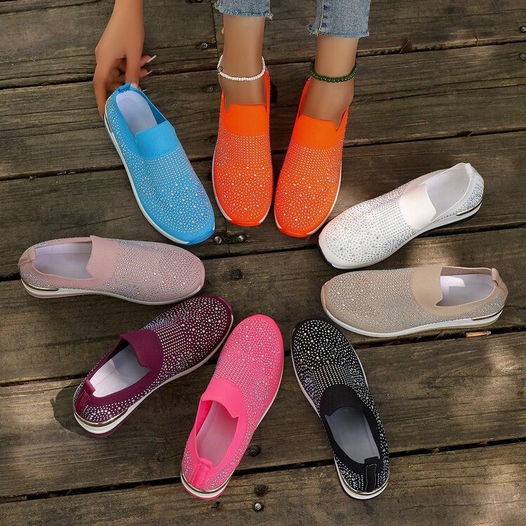 Foreign Trade Cross-Border Large Size Wedge Casual Shoes for Women 2026 Spring and Summer New Style Diamond-Encrusted Round-Toe Fly-Knit Casual Shoes