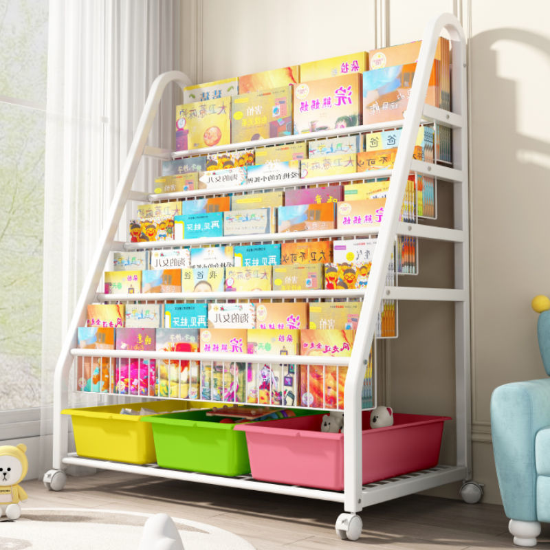 Estantería para niños Estante de almacenamiento de juguetes Estante de almacenamiento de clasificación multicapa móvil Estante de revista de hierro forjado multicapa de piso simple